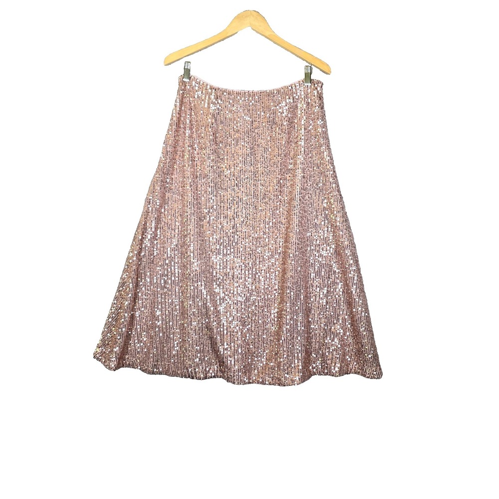 LOFT Sequin Midi A-Line Skirt Rose Gold Blush Pink Lined Party Shimmer Size 8